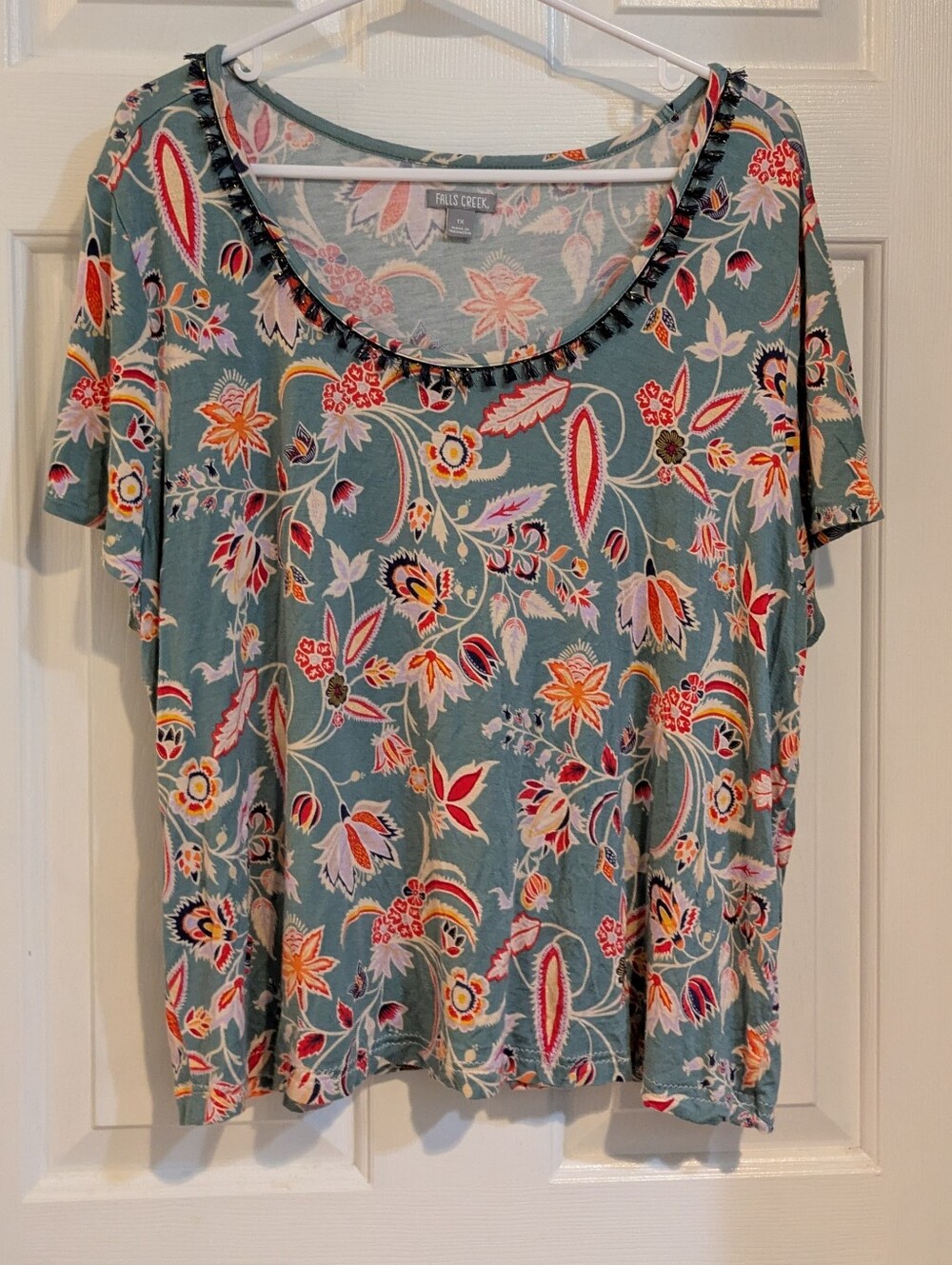 Falls Creek Teal Floral Scoop Neck Short Sleeve Top